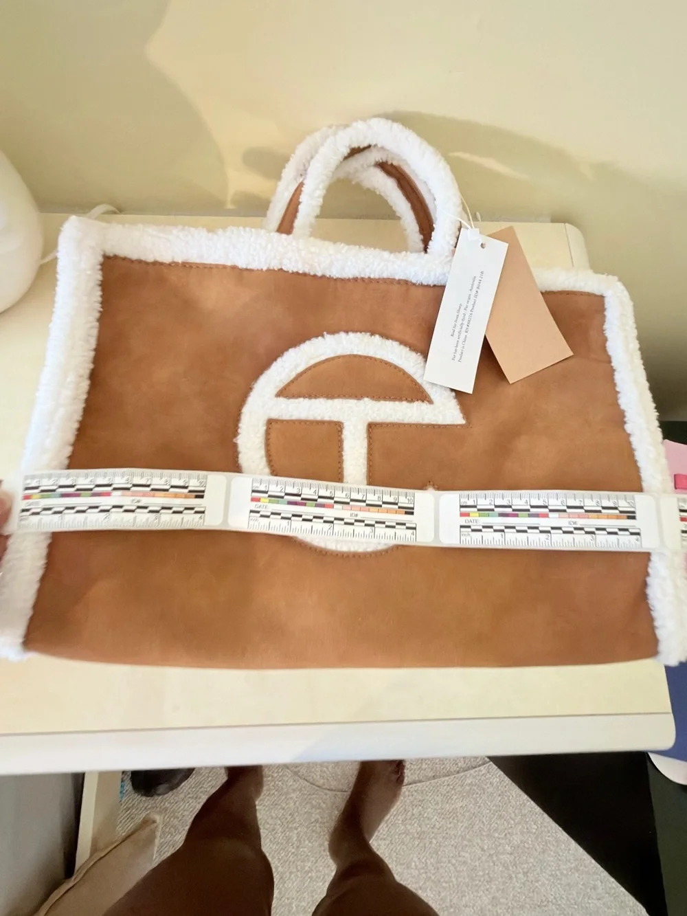Shearling Trim Suede Tote Bag - Brown